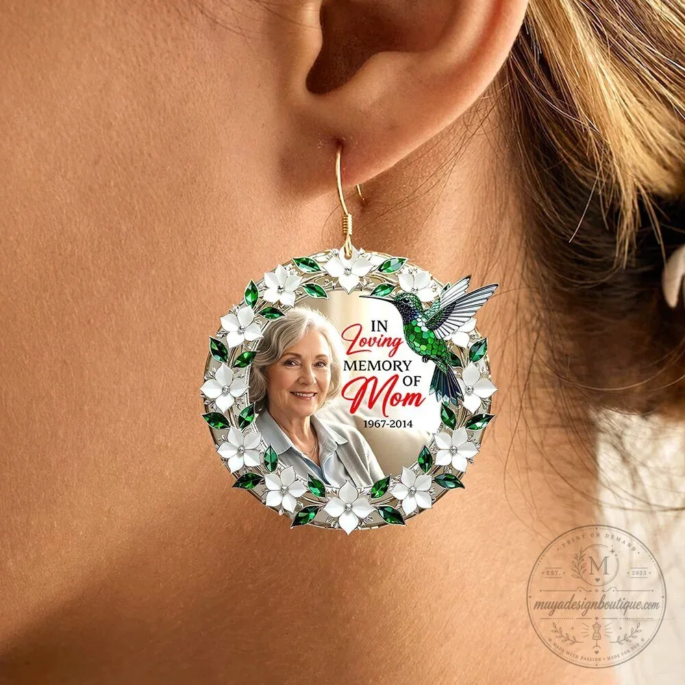 In Loving Memory of Mom Hummingbird Photo Memorial Round Dangle Earrings 2 In Loving Memory of Mom Hummingbird Photo Memorial Round Dangle Earrings