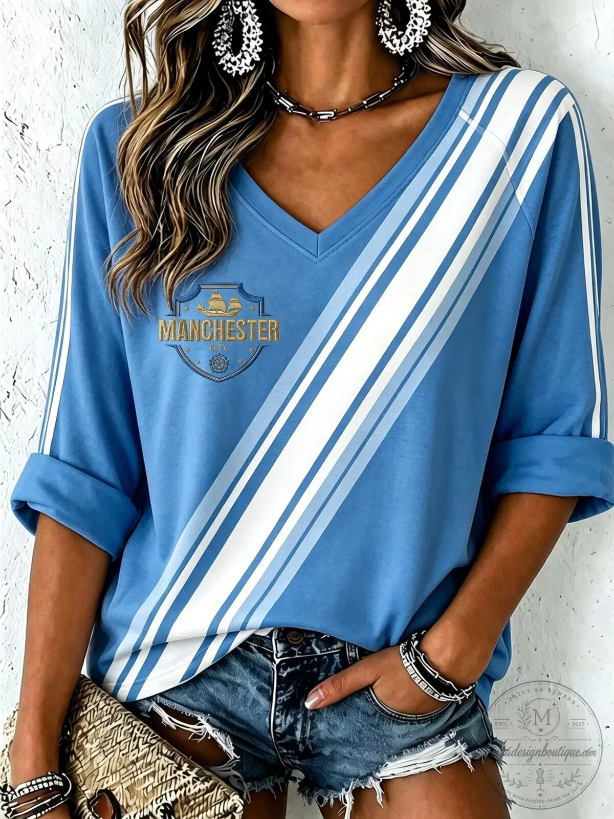 Women's Casual V-Neck T-Shirt of Manchester City Football Club 2 Women's Casual V-Neck T-Shirt of Manchester City Football Club