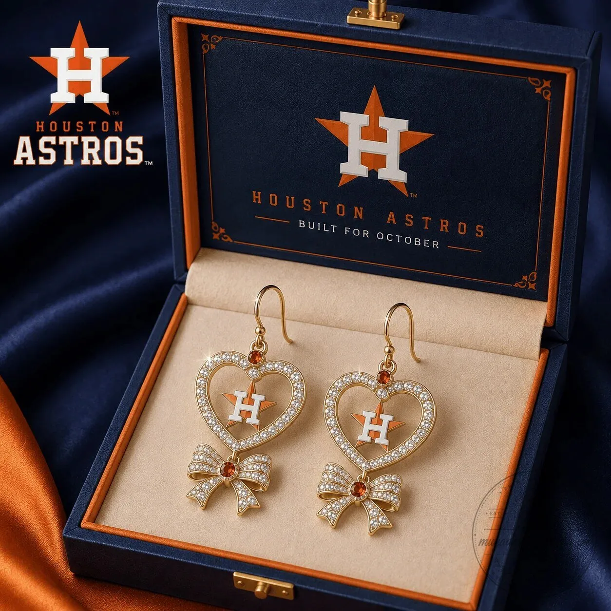 Houston Astros Heart Dangle Earrings with Bow and Gemstones 1 Houston Astros Heart Dangle Earrings with Bow and Gemstones
