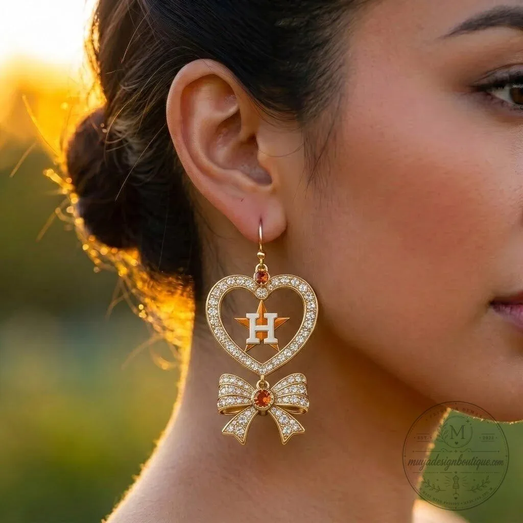 Houston Astros Heart Dangle Earrings with Bow and Gemstones 9 Houston Astros Heart Dangle Earrings with Bow and Gemstones