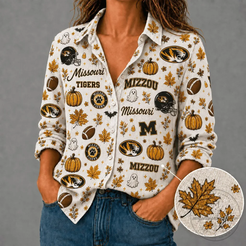 Missouri Tigers Halloween Fall Leaves Ghost Pumpkin Button Up Shirt Missouri Tigers Halloween Fall Leaves Ghost Pumpkin Button Up Shirt