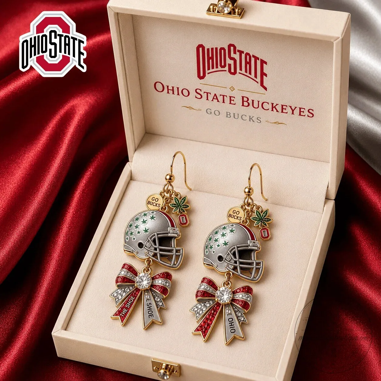 Dangle Earrings with Bow Design Featuring Ohio State Buckeyes Football Helmet