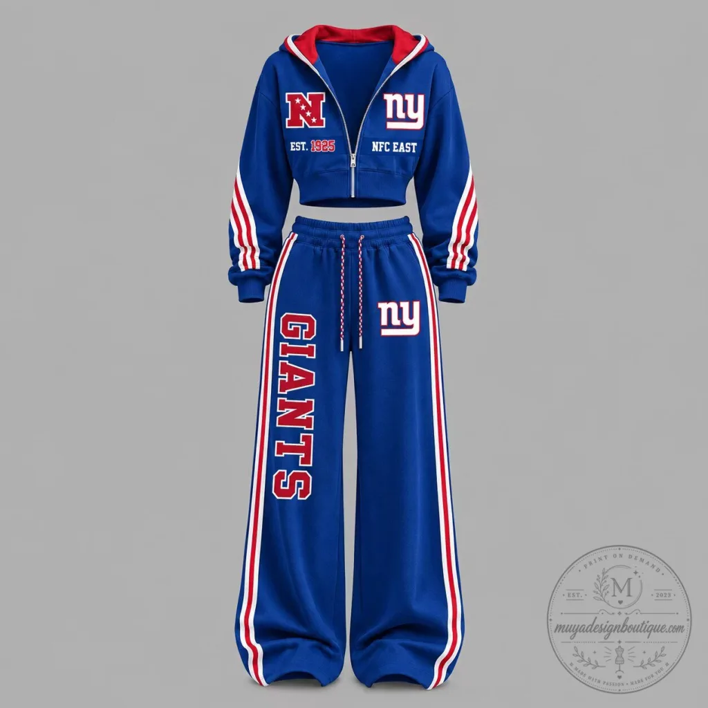 Womens Cropped Hoodie and Wide Leg Sweatpants Set featuring New York Giants Womens Cropped Hoodie and Wide Leg Sweatpants Set featuring New York Giants
