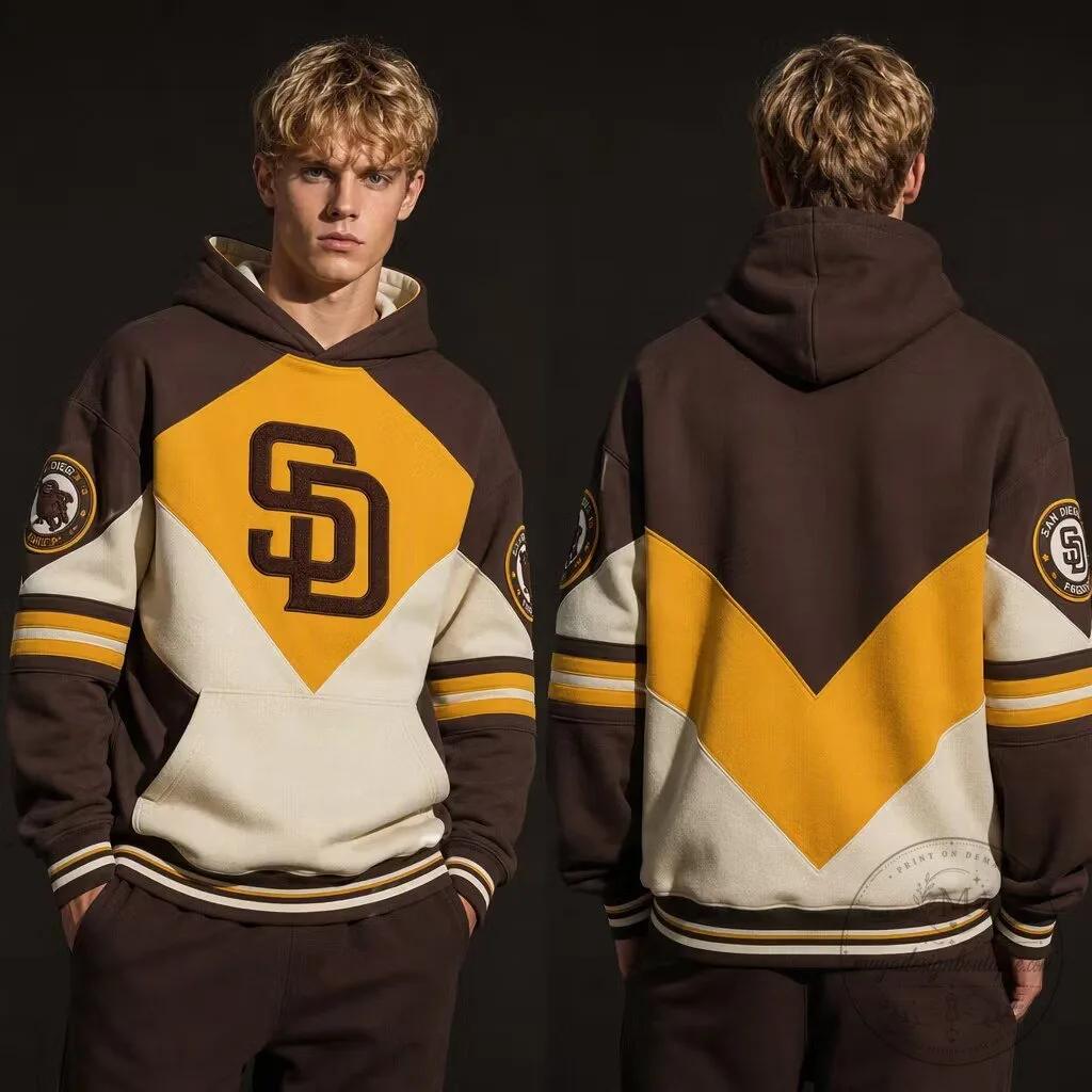 San Diego Padres Baseball Team Logo Brown and Gold Color Block Hoodie