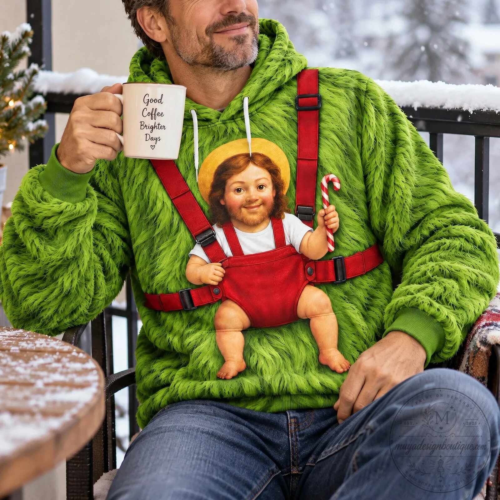 Funny Christmas Baby Jesus Carrier Green Fuzzy Hoodie