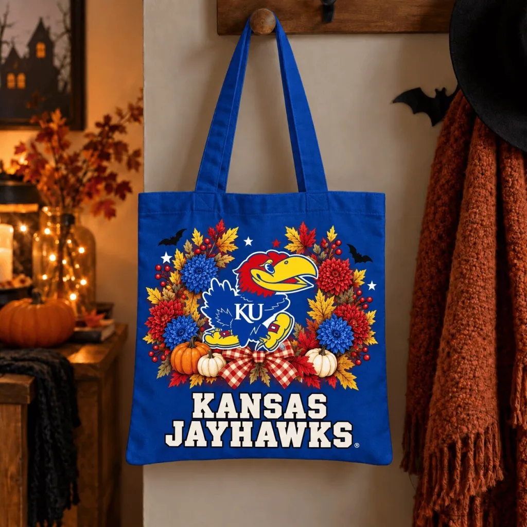 Kansas Jayhawks Halloween Fall Floral Wreath Blue Tote Bag Kansas Jayhawks Halloween Fall Floral Wreath Blue Tote Bag