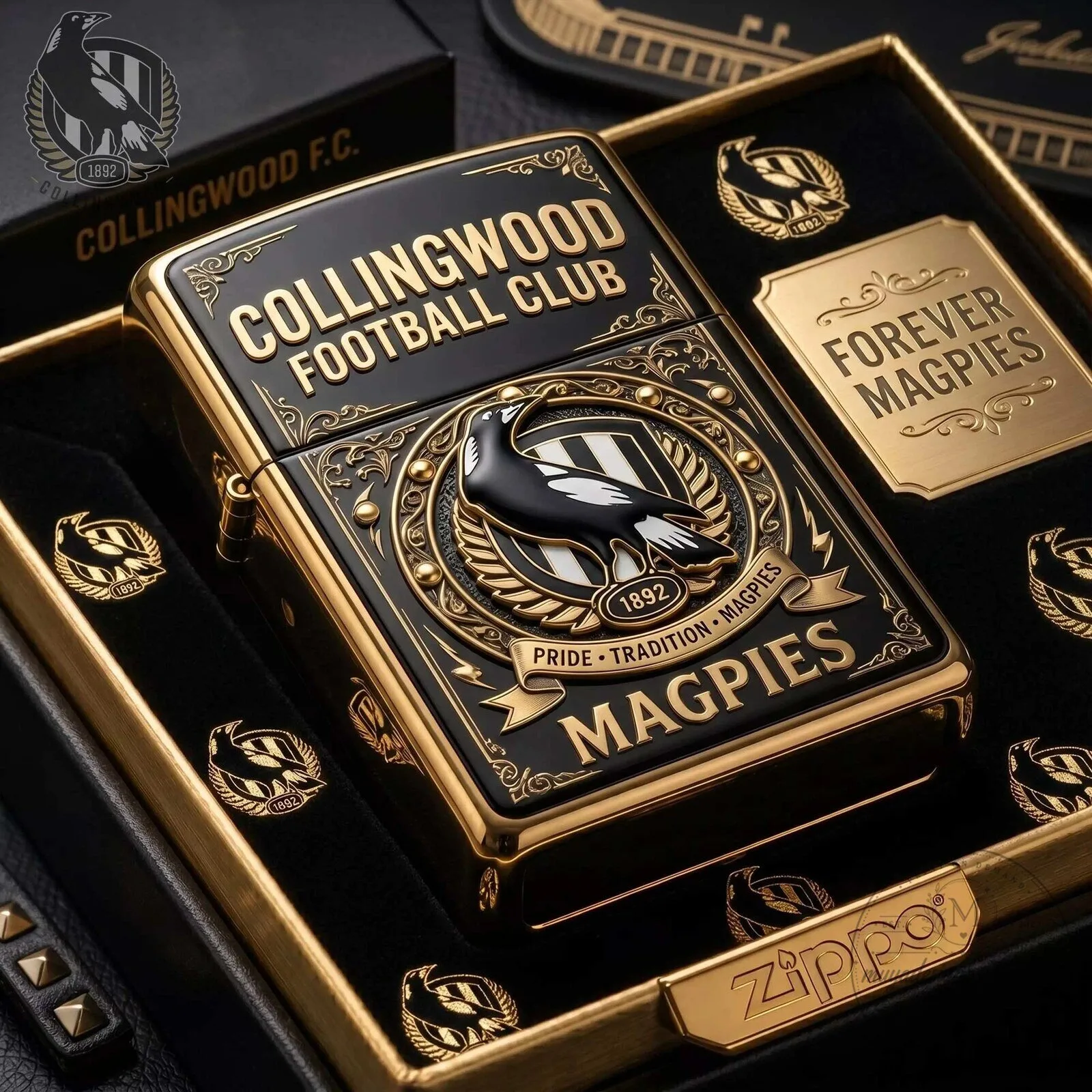 Collingwood Football Club Magpies Zippo Lighter with Gold Accents