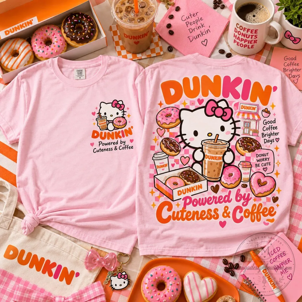 Hello Kitty Dunkin Donuts Powered by Cuteness and Coffee Graphic T-Shirt Hello Kitty Dunkin Donuts Powered by Cuteness and Coffee Graphic T-Shirt