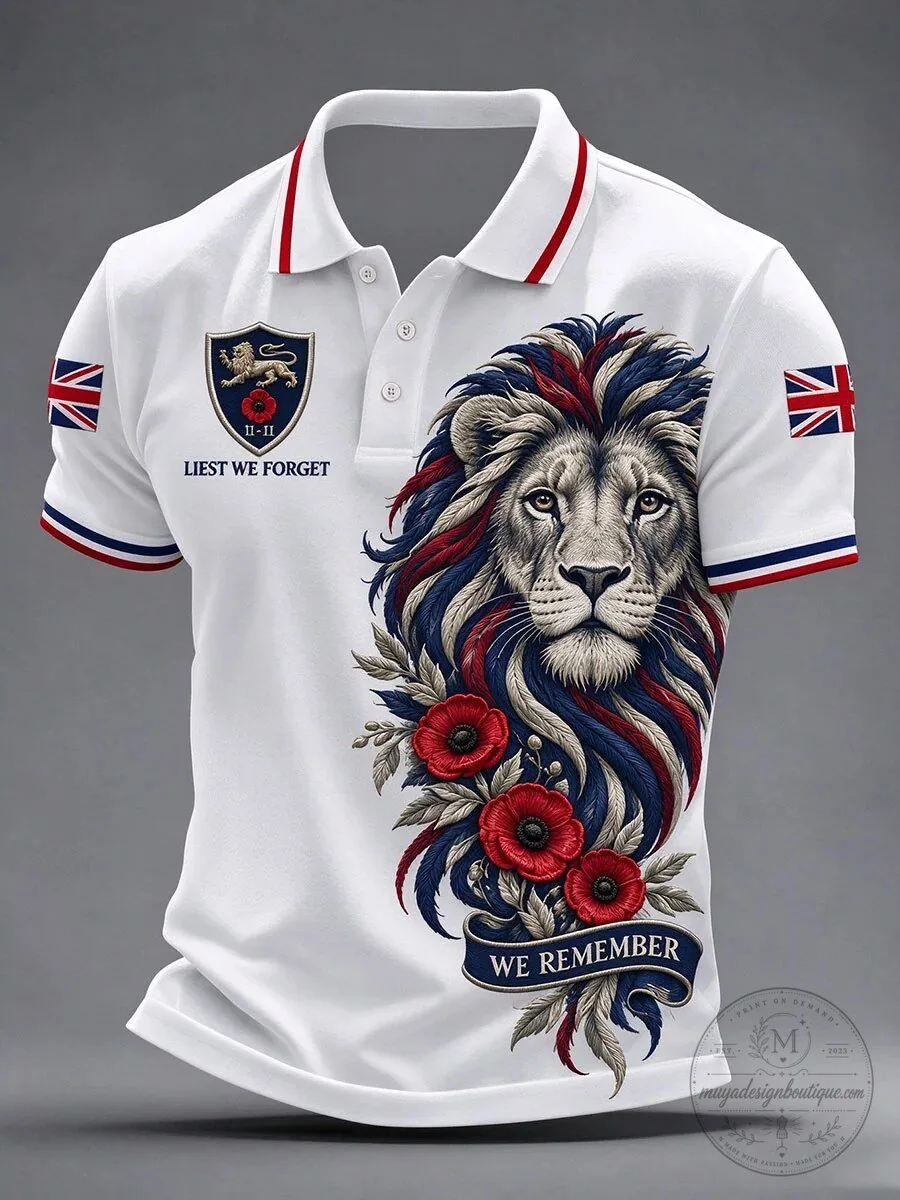 Lest We Forget Remembrance Day British Lion Poppy Flower Polo Shirt