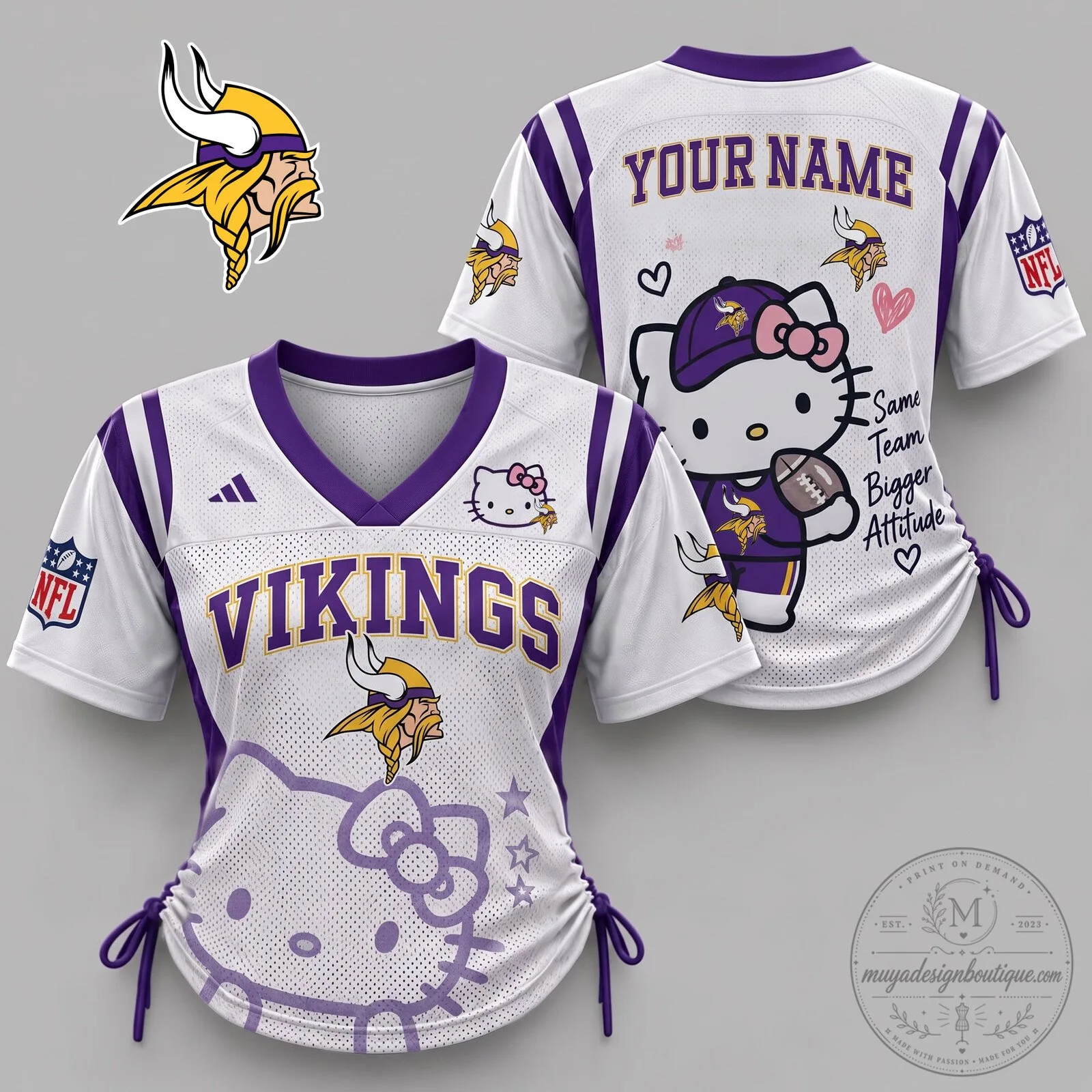 Minnesota Vikings Hello Kitty Sweetheart Varsity Women's Lace-Up Football Jersey 36 Minnesota Vikings Hello Kitty Sweetheart Varsity Women's Lace-Up Football Jersey