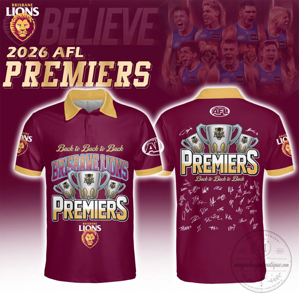 Brisbane Lions 2026 AFL Premiers Three-Peat Polo Shirt 2 Brisbane Lions 2026 AFL Premiers Three-Peat Polo Shirt