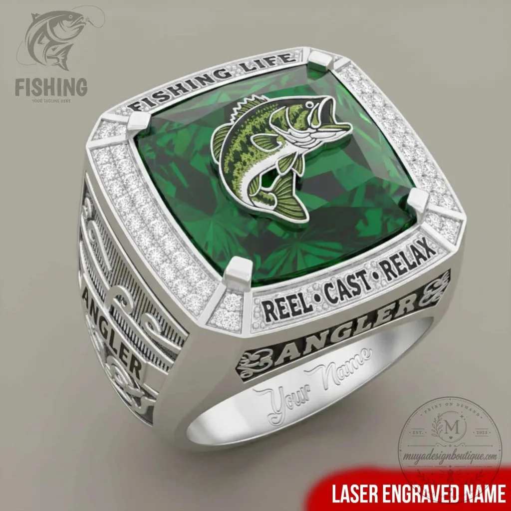 Fishing Life Bass Fish Angler Reel Cast Relax Silver Ring Fishing Life Bass Fish Angler Reel Cast Relax Silver Ring