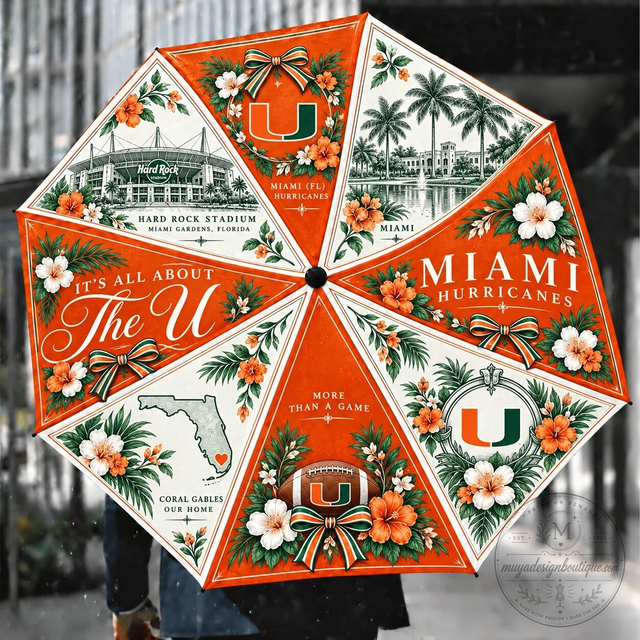 Miami Hurricanes Floral Pattern Compact Folding Umbrella 5 Miami Hurricanes Floral Pattern Compact Folding Umbrella