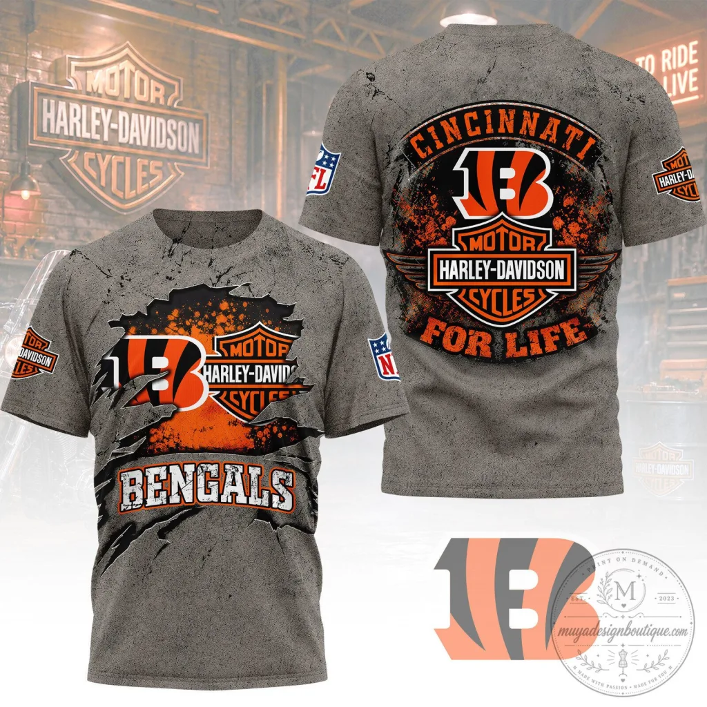 Cincinnati Bengals Harley Davidson For Life Distressed Gray Graphic T-Shirt Cincinnati Bengals Harley Davidson For Life Distressed Gray Graphic T-Shirt