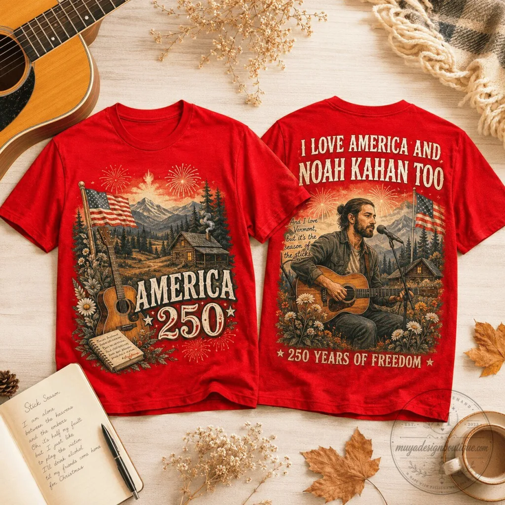 Noah Kahan Shirt Acoustic Cabin Scene 250 Years of Freedom Red T-Shirt Noah Kahan Shirt Acoustic Cabin Scene 250 Years of Freedom Red T-Shirt