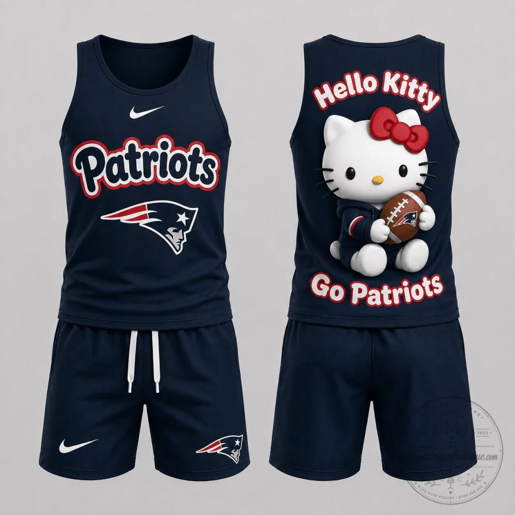 New England Patriots Hello Kitty Football Fan Tank Top and Shorts Set New England Patriots Hello Kitty Football Fan Tank Top and Shorts Set