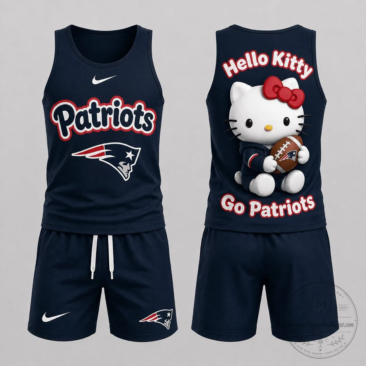 New England Patriots Hello Kitty Football Fan Tank Top and Shorts Set 2 New England Patriots Hello Kitty Football Fan Tank Top and Shorts Set
