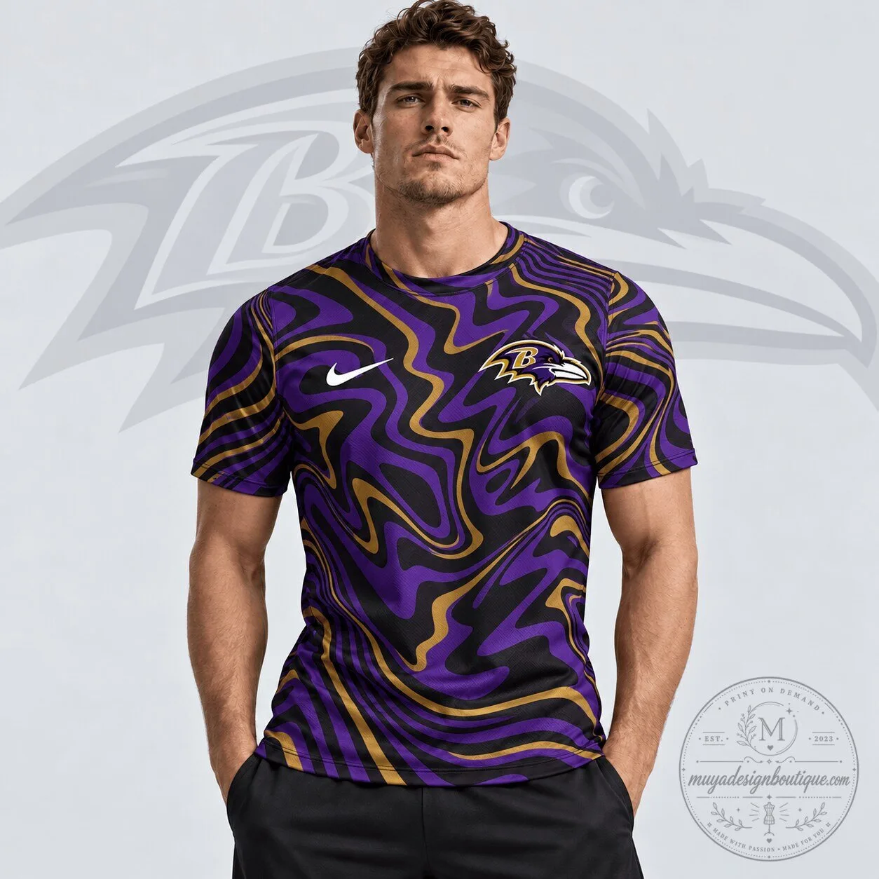 Baltimore Ravens NFL Team Crest Abstract Wave All Over Print T-Shirt 1 Baltimore Ravens NFL Team Crest Abstract Wave All Over Print T-Shirt