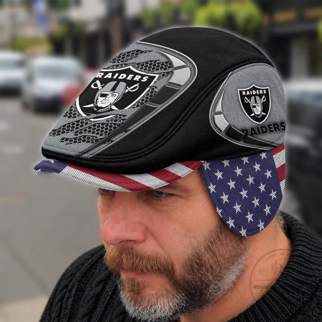 Las Vegas Raiders NFL Flat Cap with Foldable Ear Flaps and American Flag Brim Las Vegas Raiders NFL Flat Cap with Foldable Ear Flaps and American Flag Brim