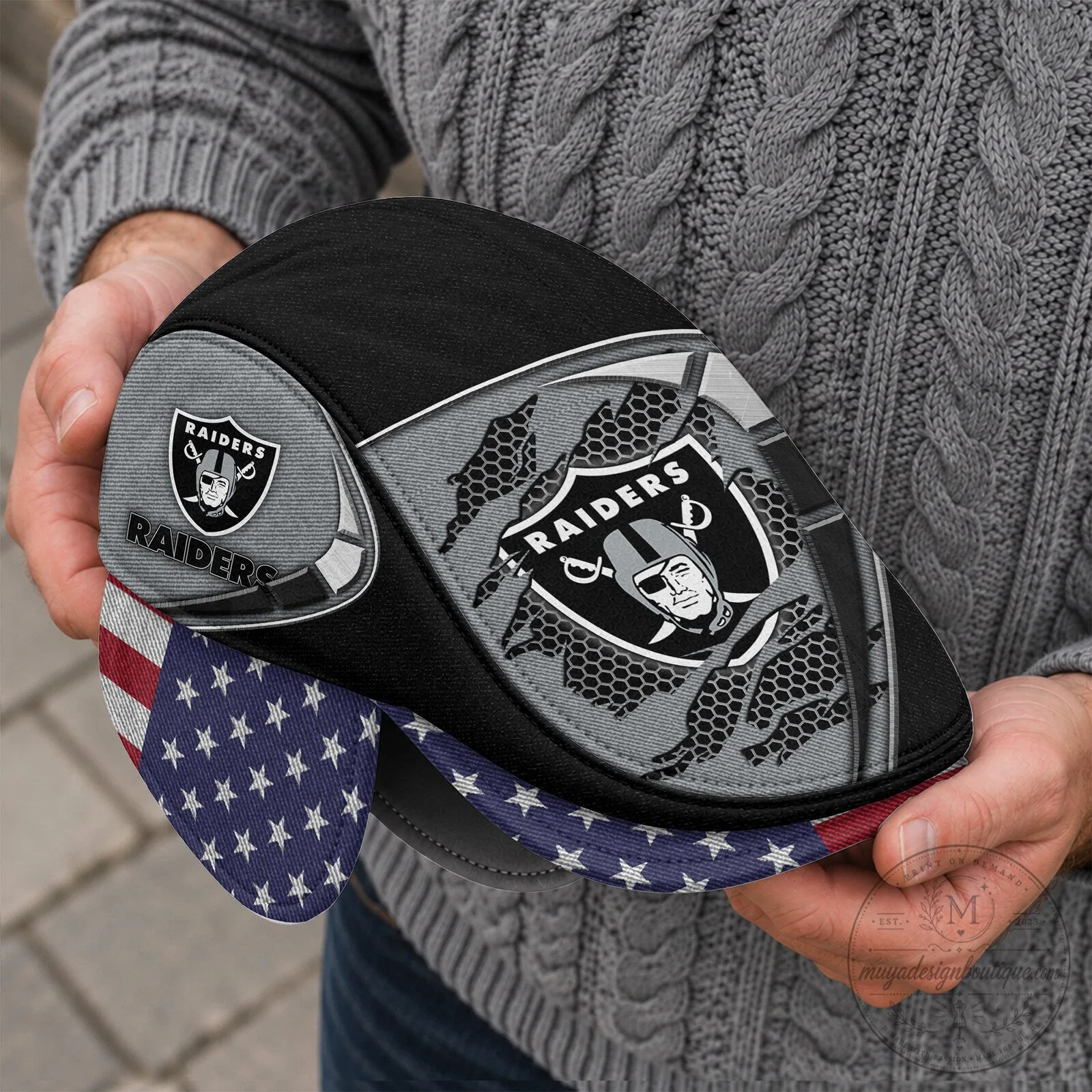 Las Vegas Raiders NFL Flat Cap with Foldable Ear Flaps and American Flag Brim 10 Las Vegas Raiders NFL Flat Cap with Foldable Ear Flaps and American Flag Brim