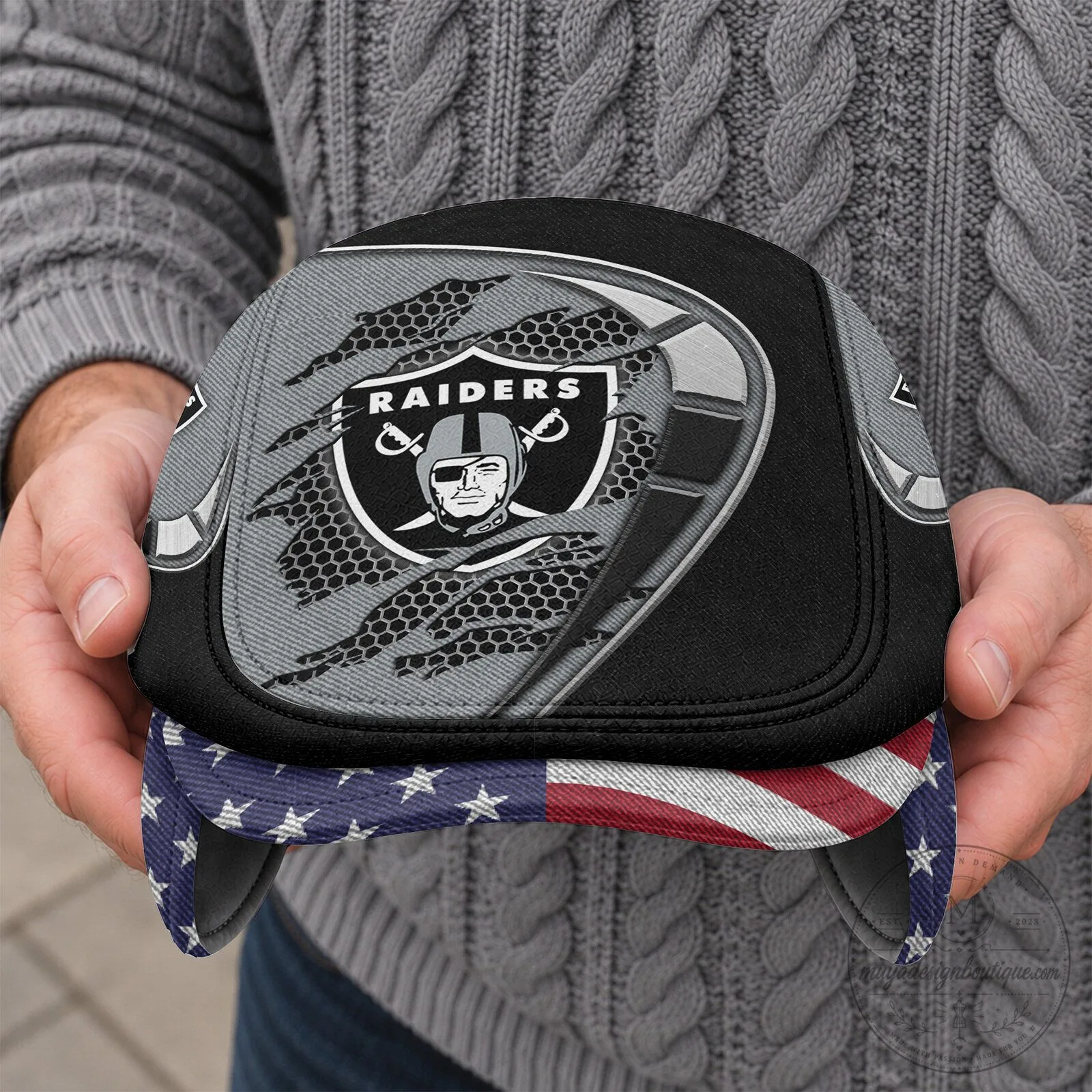 Las Vegas Raiders NFL Flat Cap with Foldable Ear Flaps and American Flag Brim 11 Las Vegas Raiders NFL Flat Cap with Foldable Ear Flaps and American Flag Brim