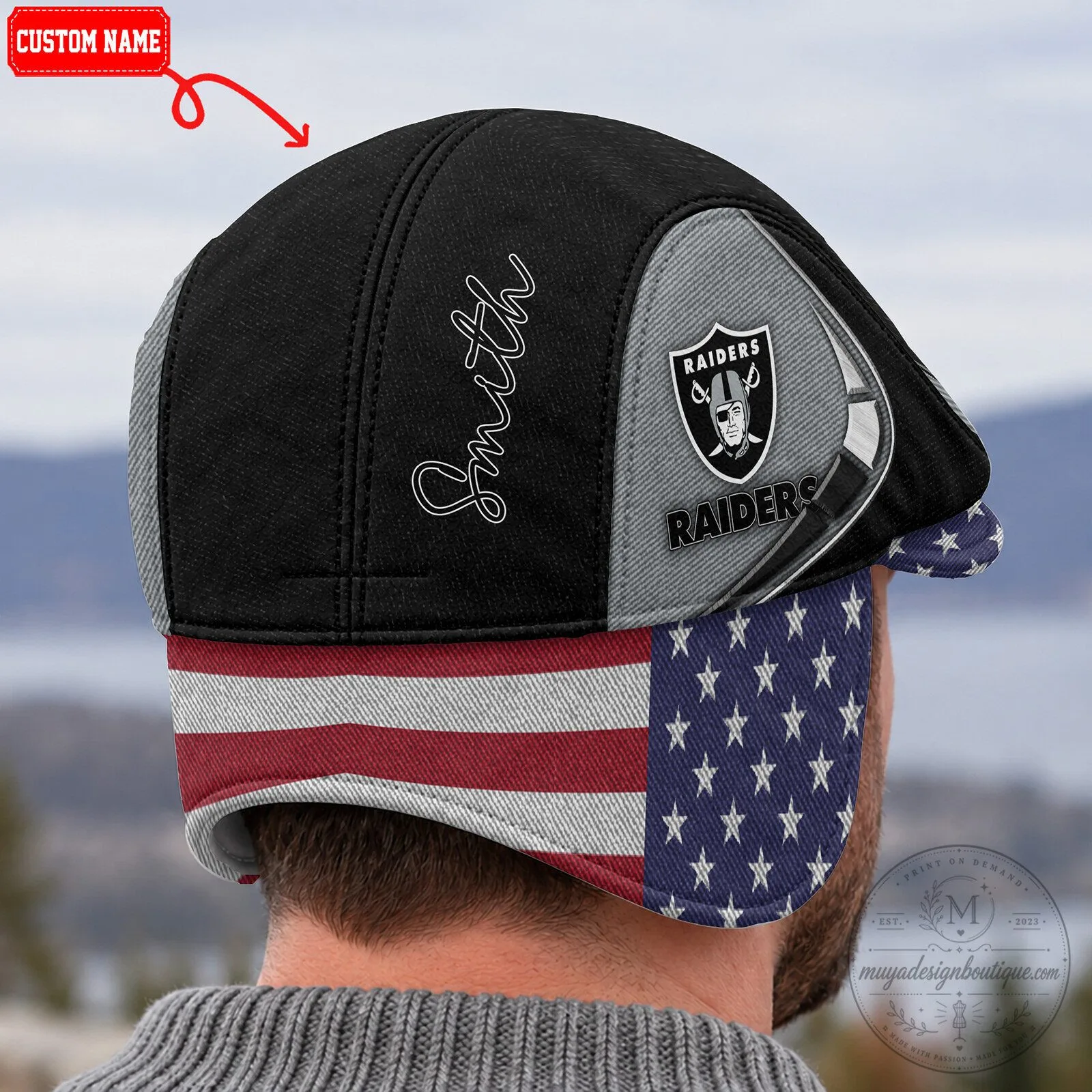 Las Vegas Raiders NFL Flat Cap with Foldable Ear Flaps and American Flag Brim 12 Las Vegas Raiders NFL Flat Cap with Foldable Ear Flaps and American Flag Brim