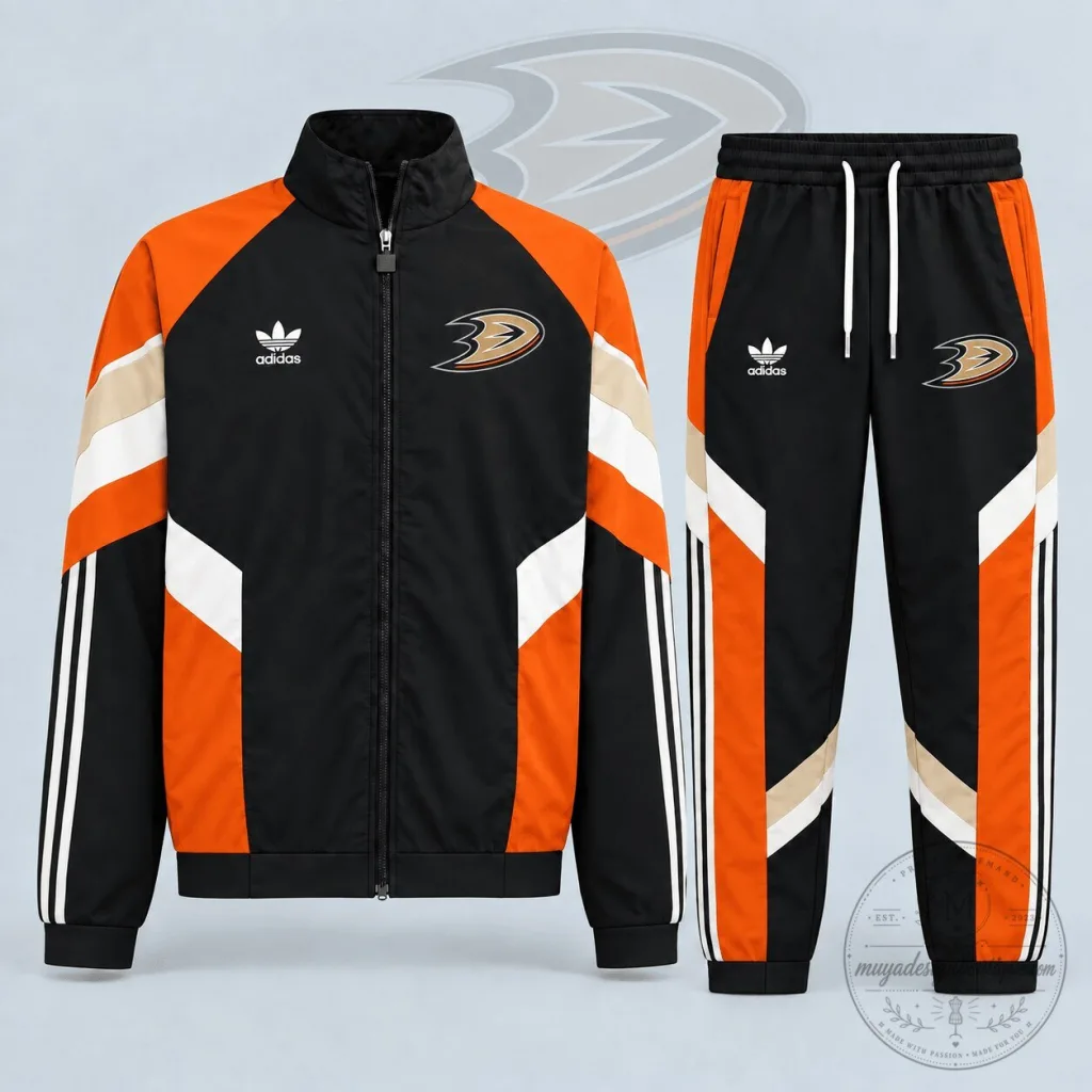 Anaheim Ducks National Hockey League Retro Panel Stripe Tracksuit Jacket and Joggers Anaheim Ducks National Hockey League Retro Panel Stripe Tracksuit Jacket and Joggers
