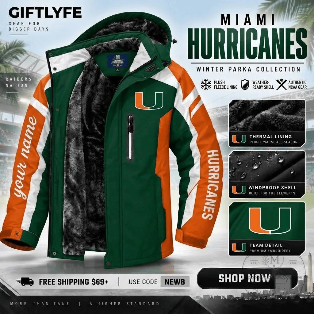 Miami Hurricanes NCAA Winter Parka Jacket with Plush Fleece Lining