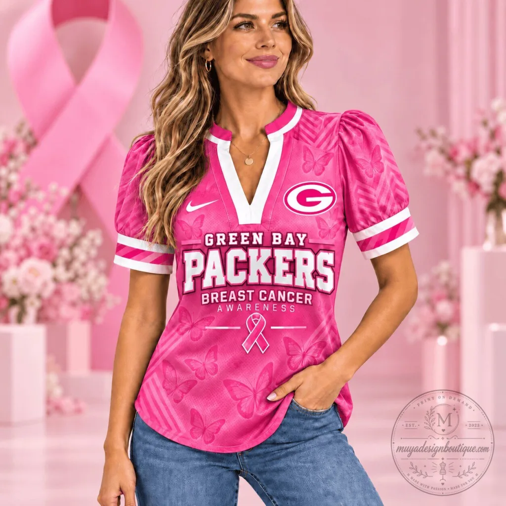 Green Bay Packers Breast Cancer Awareness Pink Butterfly Women's V-Neck T-Shirt Green Bay Packers Breast Cancer Awareness Pink Butterfly Women's V-Neck T-Shirt