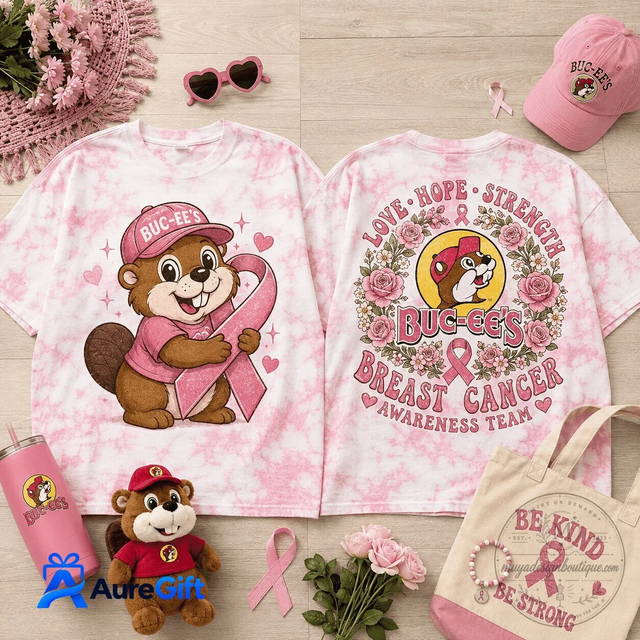 Buc-ee's Breast Cancer Awareness Team Love Hope Strength T-Shirt 2 Buc-ee's Breast Cancer Awareness Team Love Hope Strength T-Shirt