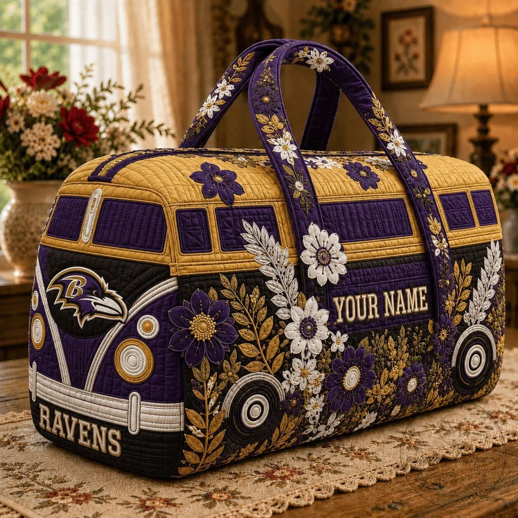 Baltimore Ravens Floral Pattern Quilted Duffle Bag Custom Name Gifts for Fan Baltimore Ravens Floral Pattern Quilted Duffle Bag Custom Name Gifts for Fan