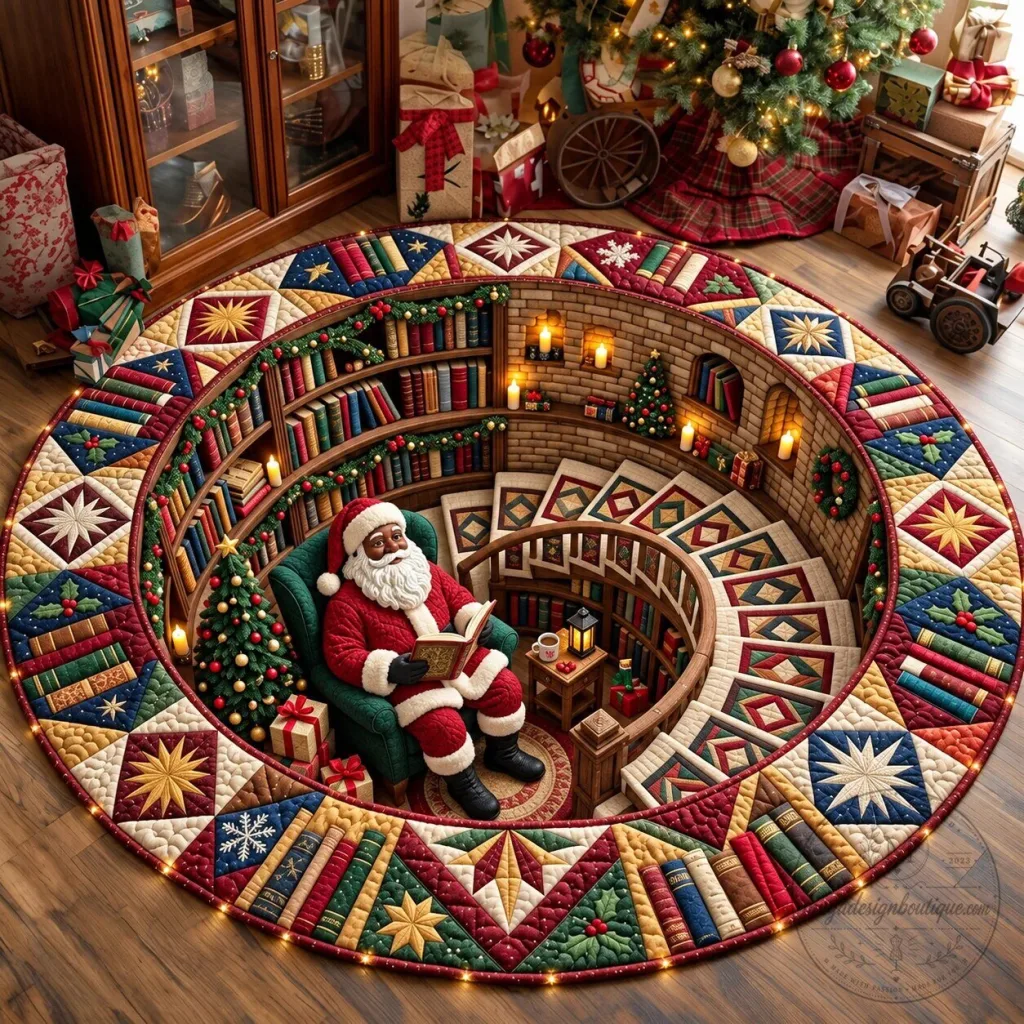 Melanin Santa Claus Reading in Library Quilted Round Area Rug Melanin Santa Claus Reading in Library Quilted Round Area Rug