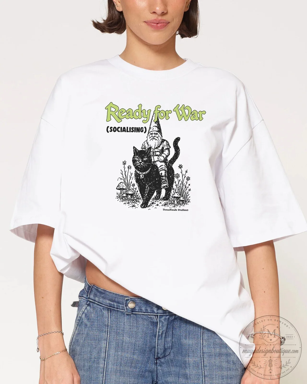 Ready for War Socialising Gnome Riding Black Cat Oversized T-Shirt 8 Ready for War Socialising Gnome Riding Black Cat Oversized T-Shirt