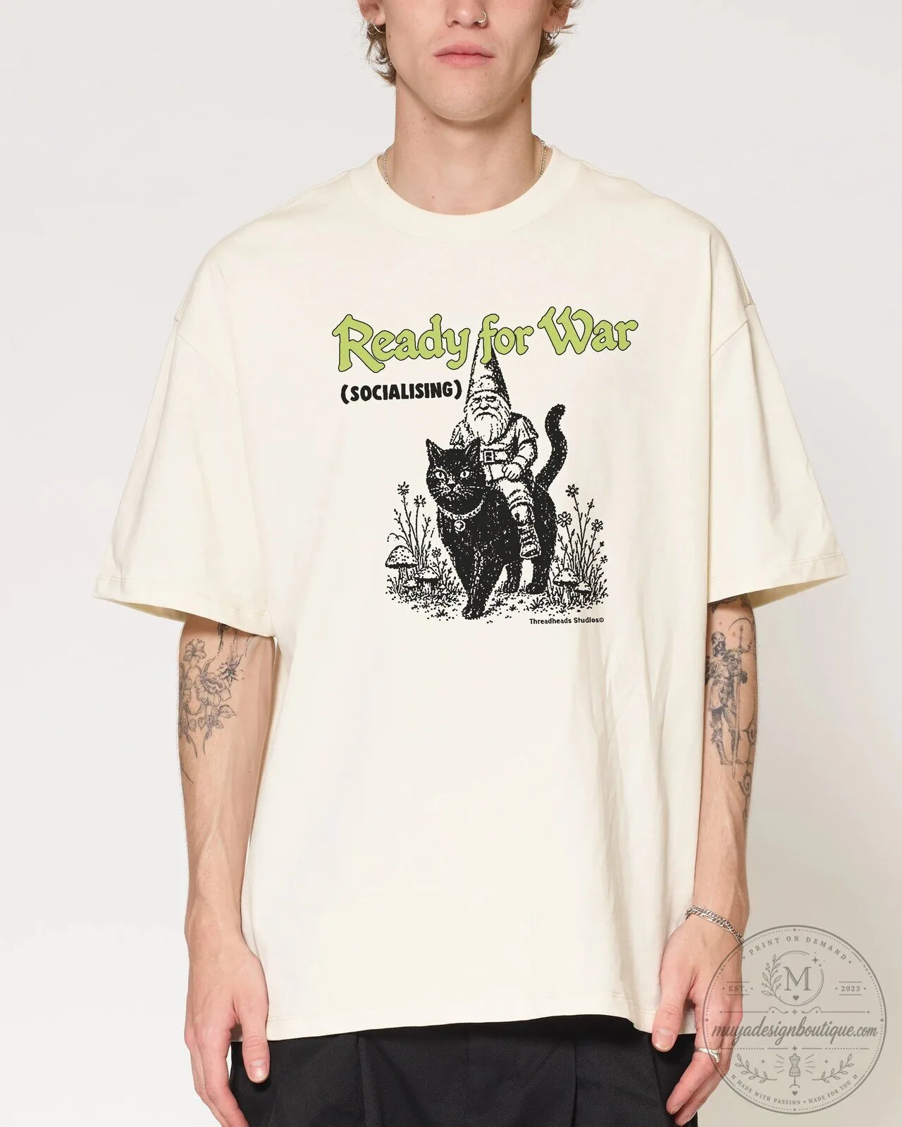 Ready for War Socialising Gnome Riding Black Cat Oversized T-Shirt 10 Ready for War Socialising Gnome Riding Black Cat Oversized T-Shirt