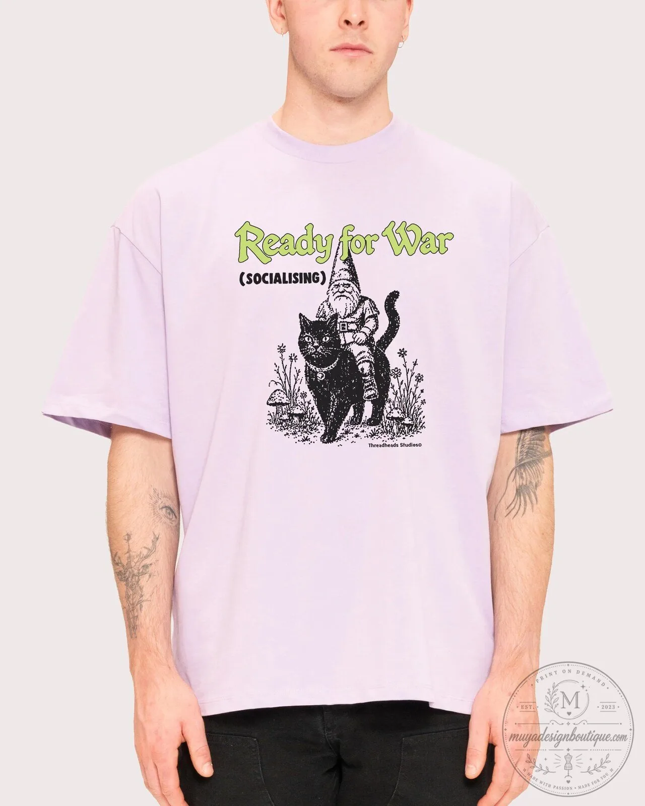 Ready for War Socialising Gnome Riding Black Cat Oversized T-Shirt 12 Ready for War Socialising Gnome Riding Black Cat Oversized T-Shirt
