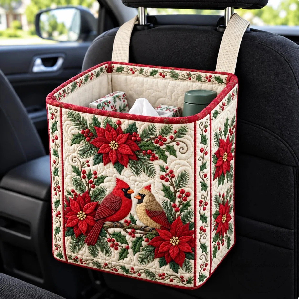 Christmas Cardinal Poinsettia Quilted Car Storage Basket Organizer 6 Christmas Cardinal Poinsettia Quilted Car Storage Basket Organizer