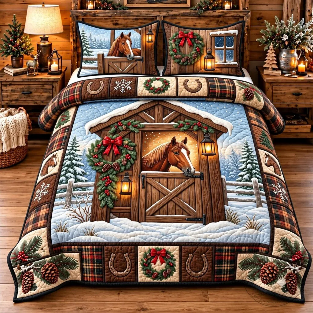 Snowy Horse Winter Barn Scene Quilted Bedding Set with Pillow Shams Snowy Horse Winter Barn Scene Quilted Bedding Set with Pillow Shams