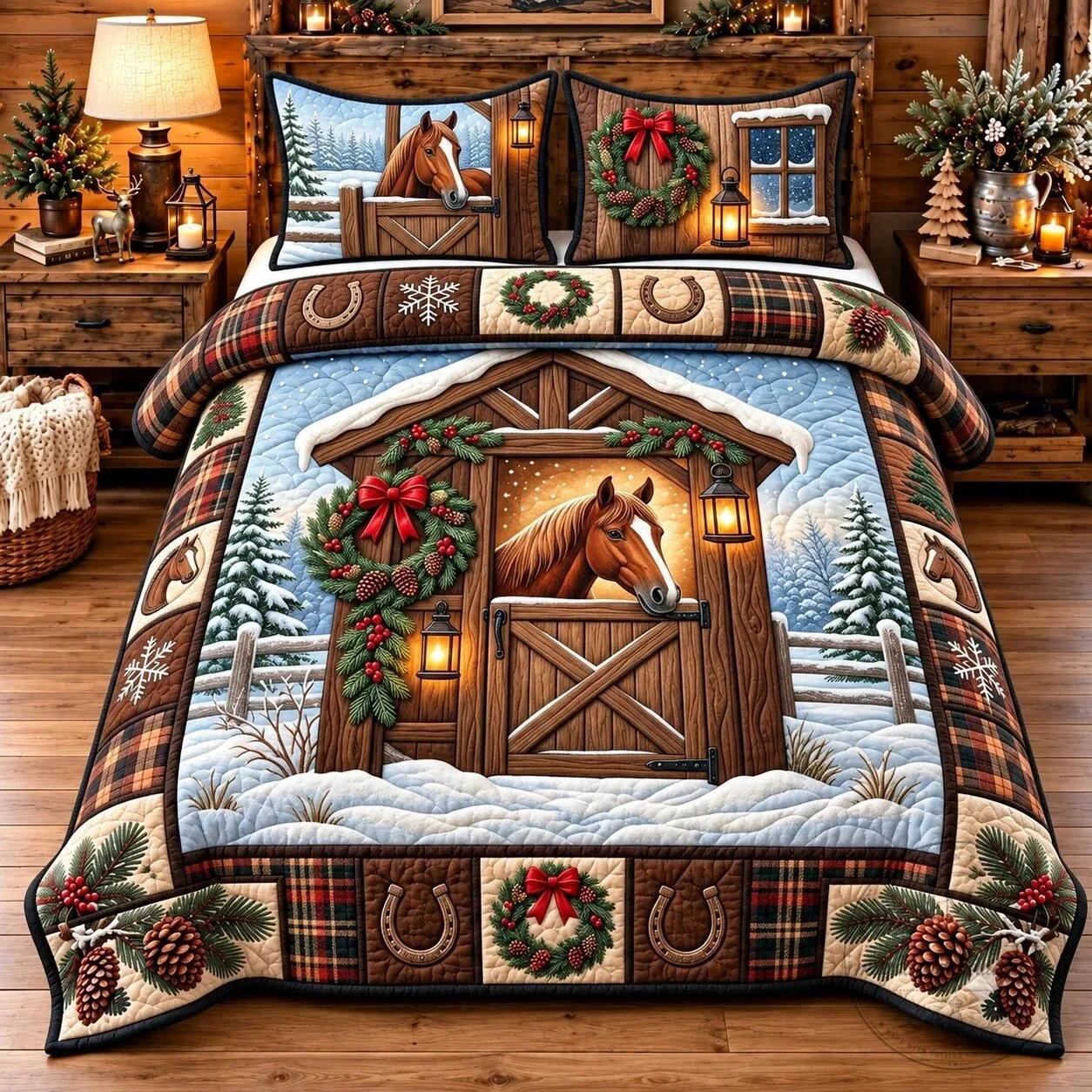 Snowy Horse Winter Barn Scene Quilted Bedding Set with Pillow Shams