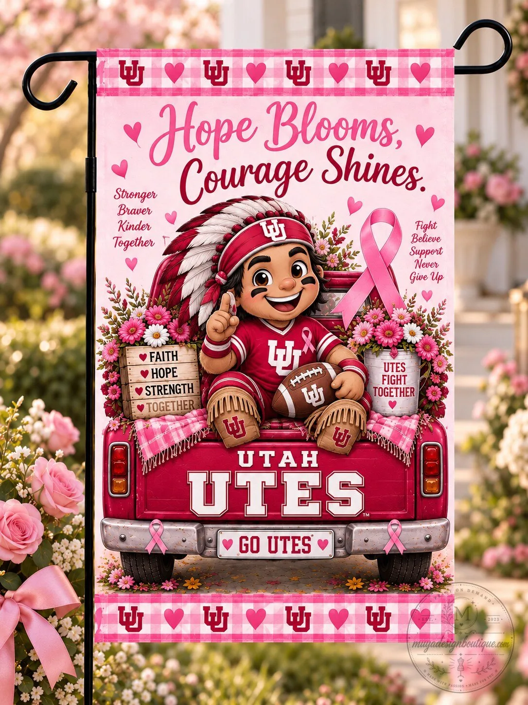 Utah Utes Breast Cancer Awareness Hope Blooms Courage Shines Garden Flag