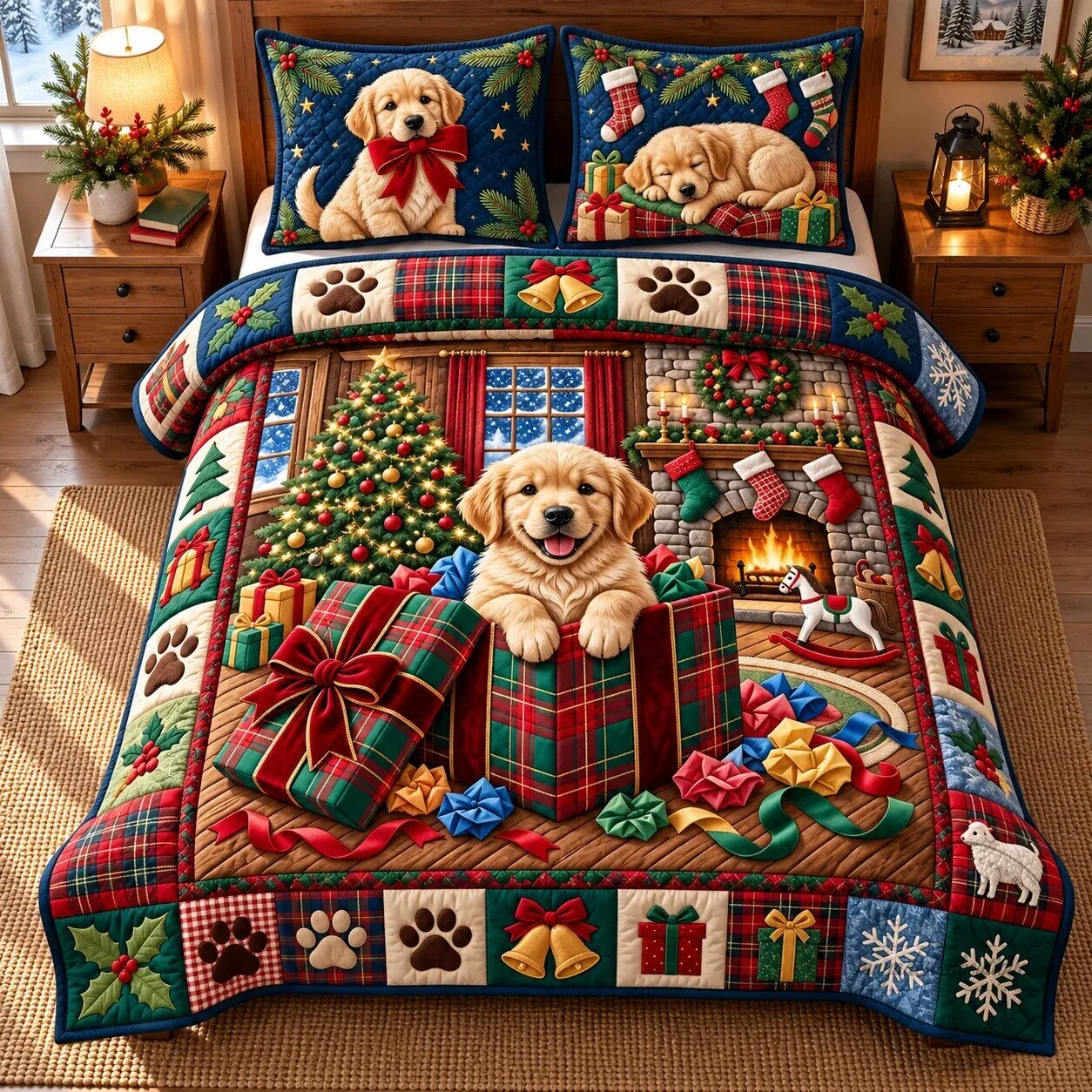Golden Retriever Puppy Dog Christmas Holiday Quilted Bedding Set 5 Golden Retriever Puppy Dog Christmas Holiday Quilted Bedding Set
