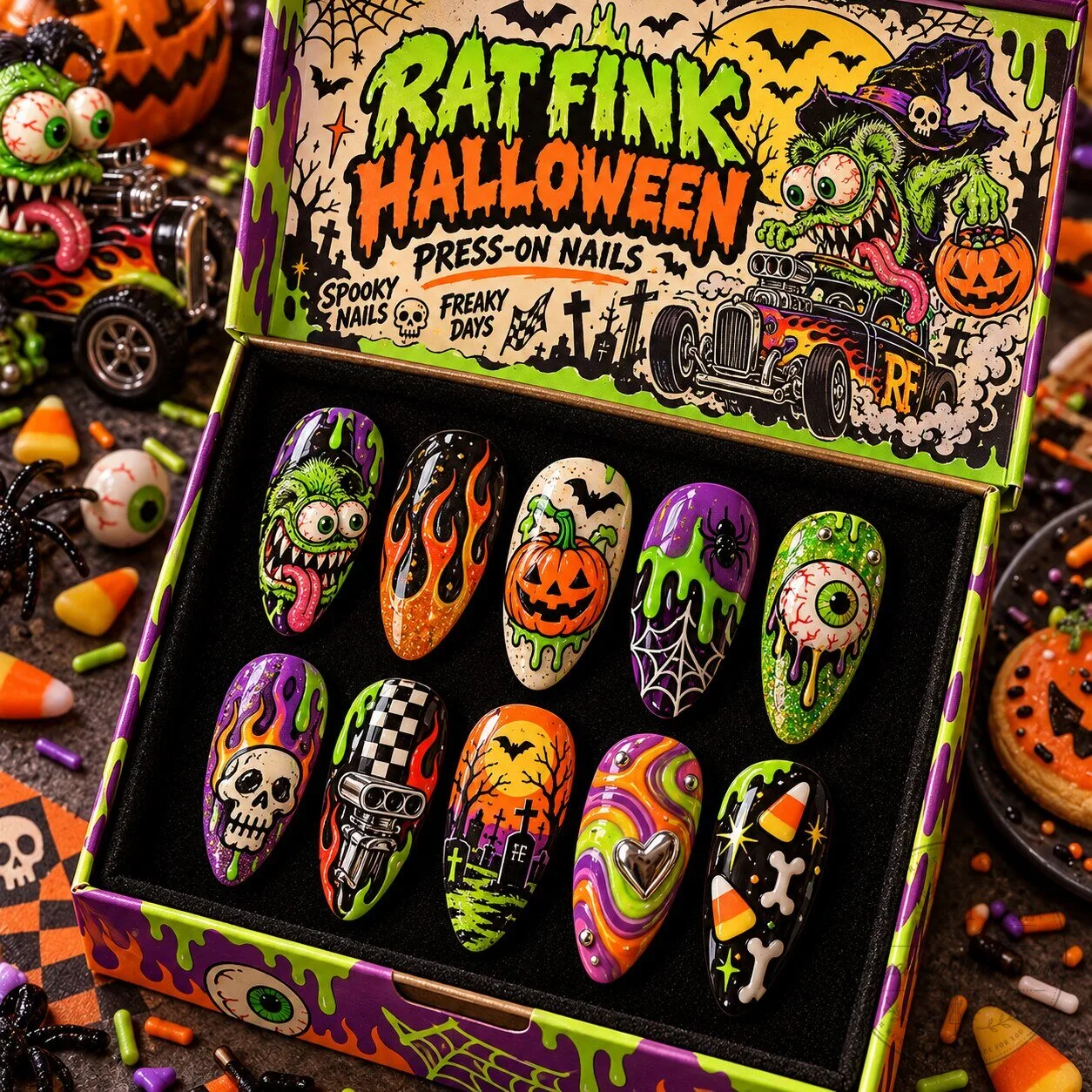 Rat Fink Halloween Monster Hot Rod Press-On Nails Set for Kustom Kulture Fan 1 Rat Fink Halloween Monster Hot Rod Press-On Nails Set for Kustom Kulture Fan