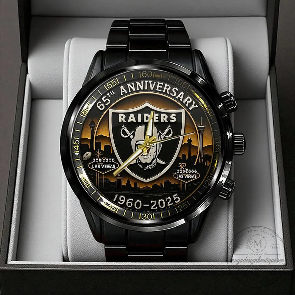 Las Vegas Raiders 65th Anniversary 1960-2025 Black Stainless Steel Watch 7 Las Vegas Raiders 65th Anniversary 1960-2025 Black Stainless Steel Watch