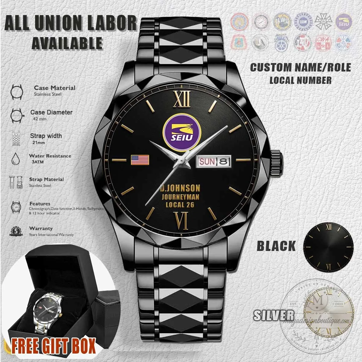 Service Employees International Union SEIU Stainless Steel Custom Name Watch