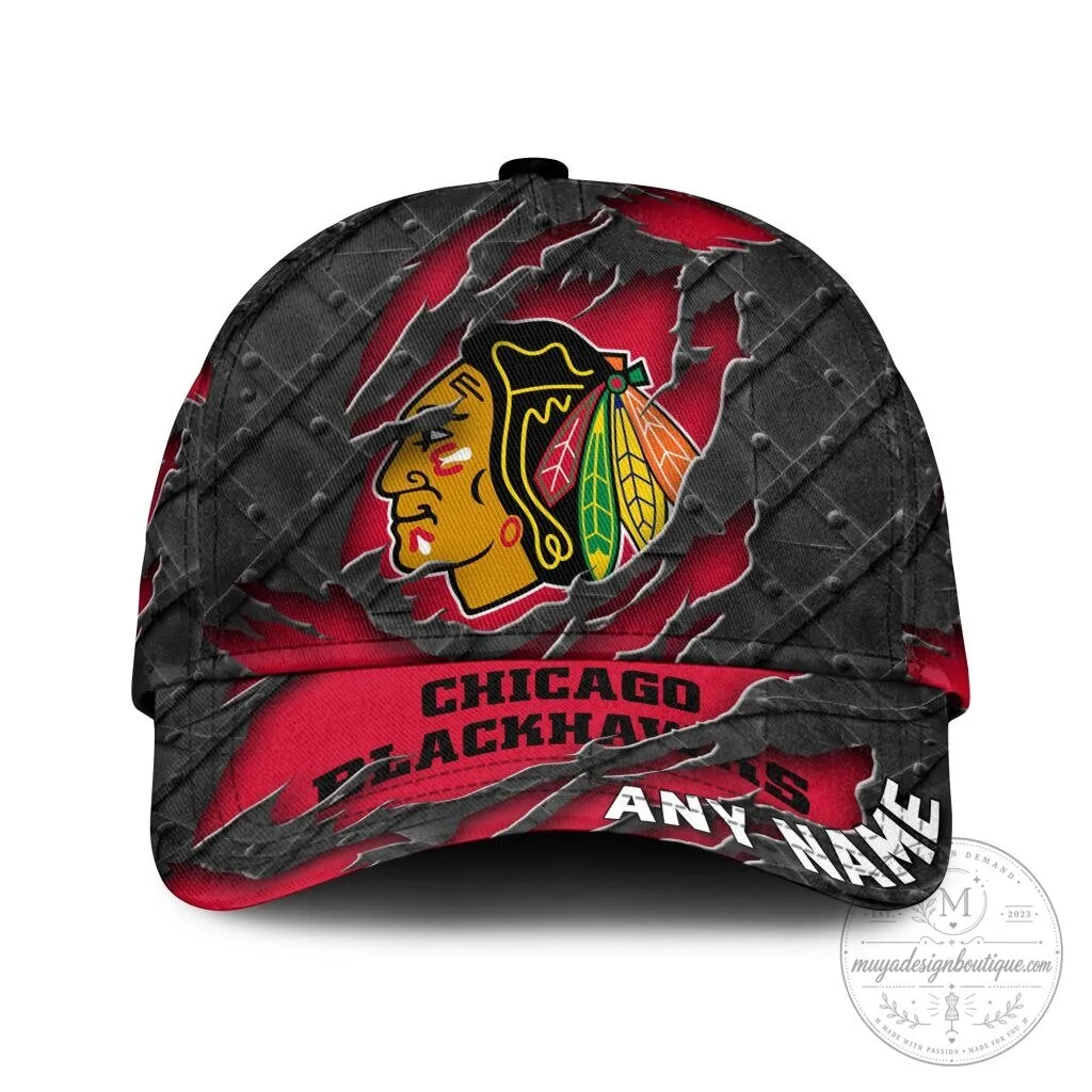Chicago Blackhawks Personalized Name Black Metal Design Baseball Cap Hat