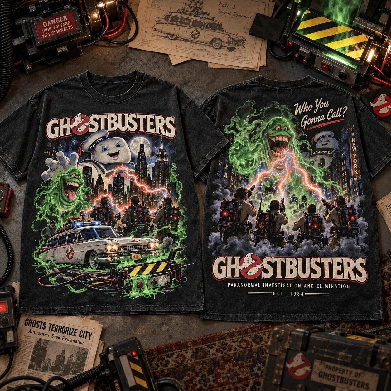 Ghostbusters Slimer Stay Puft Ecto-1 Paranormal Investigation T-Shirt