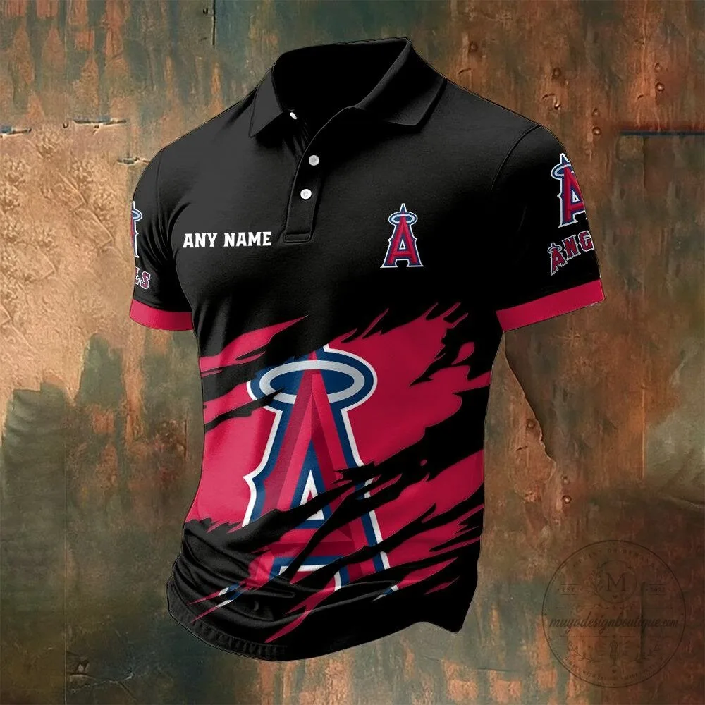 Los Angeles Angels Personalized Name Black Red Grunge MLB Polo Shirt