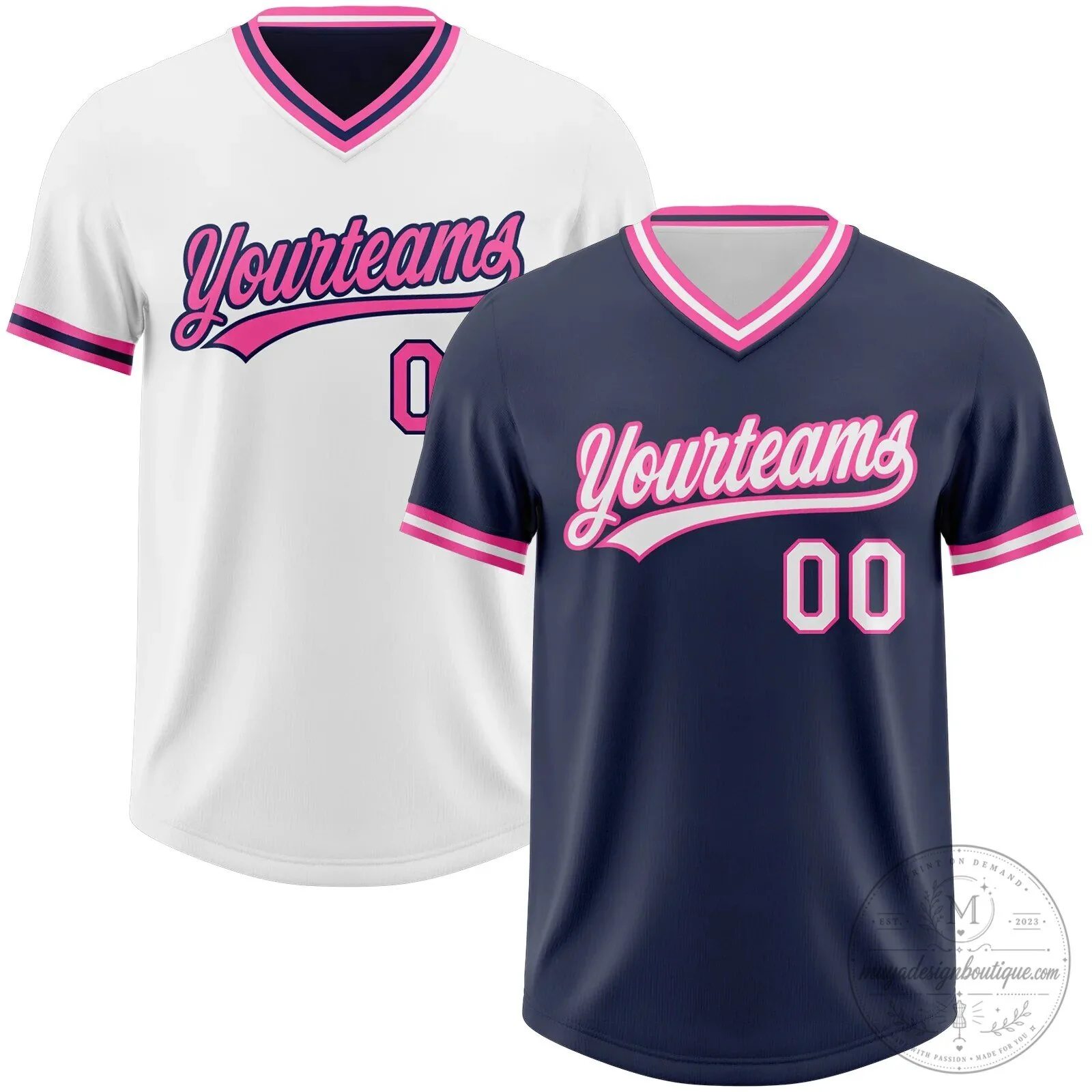 Custom Reversible Navy Blue White Pink Baseball Jersey Shirt for Teams