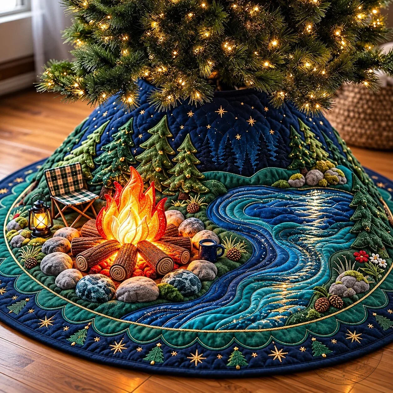 Campfire River Quilted Christmas Tree Skirt with Forest and Stars Design
