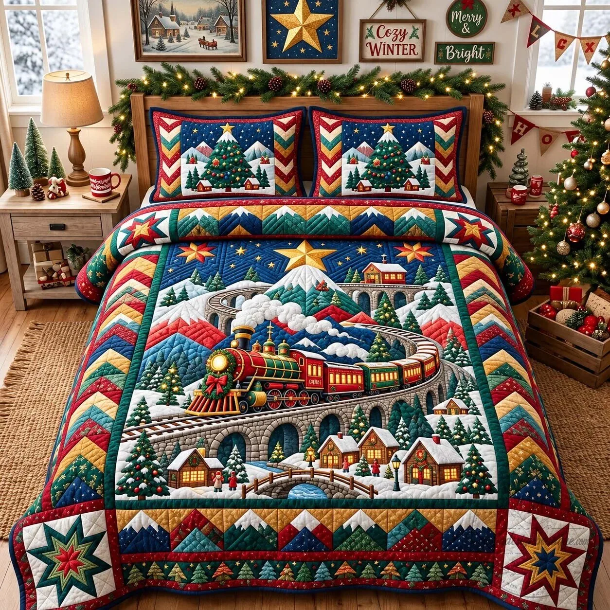 Mountain Christmas Railway Quilted Bedding Set with Holiday Train Design