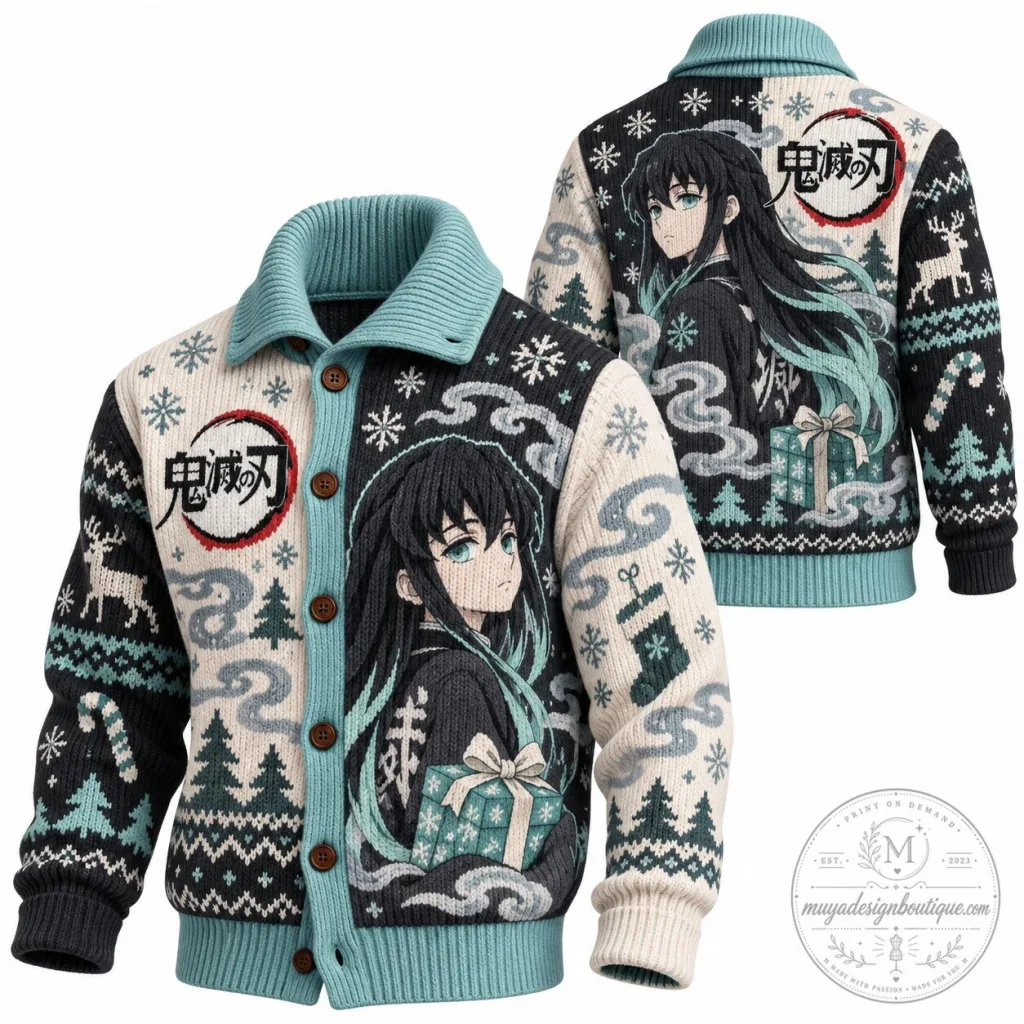 Demon Slayer Anime Muichiro Tokito Ugly Christmas Sweater Knitted Cardigan Demon Slayer Anime Muichiro Tokito Ugly Christmas Sweater Knitted Cardigan